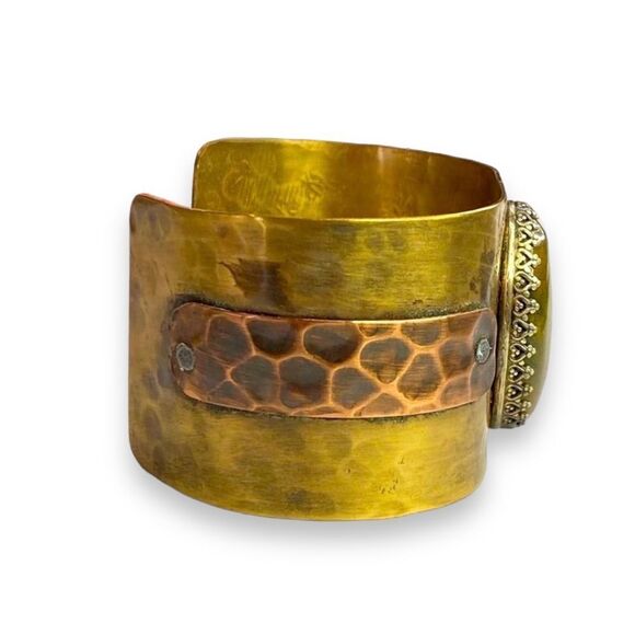 Unakite Stone Mix Metal Hand Hammered Stylish Custom Cuff Bracelet NEW - Picture 2 of 5